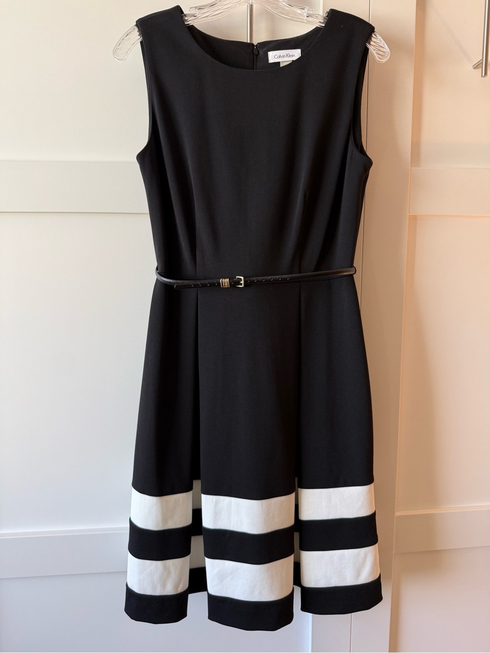 Calvin Klein Black Dress with White Stripe Hem, Size 6